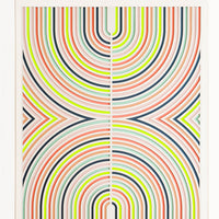 1: Lasercut artwork featuring mirrored half-arcs in a neon color palette