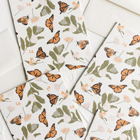 Boxed Set of 8: Greeting cards with monarch and milkweed print.
