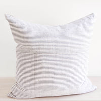 3: Square throw pillow in white hemp fabric with allover thin black stripes