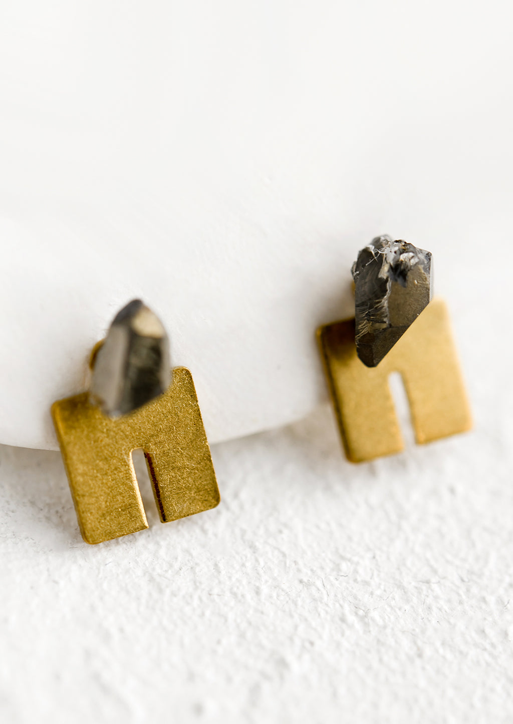 Smoky Quartz: A pair of squared U shaped brass studs with smoky quartz gemstone post.