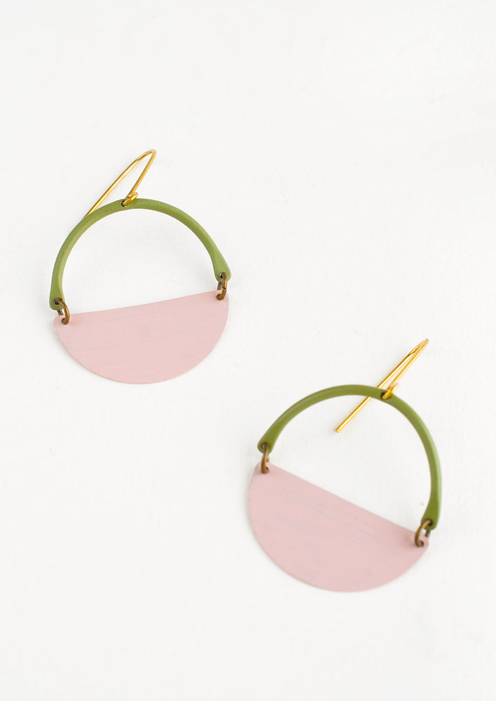Olive / Rose: Earrings with olive arc shaped top and pink half moon shaped bottom with negative space in middle