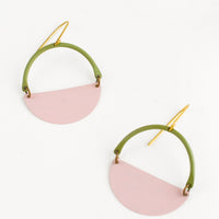 Olive / Rose: Earrings with olive arc shaped top and pink half moon shaped bottom with negative space in middle