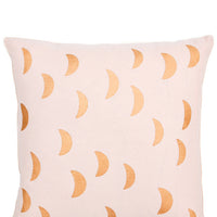 Blush / Gold [$54.99]: Square Throw Pillow in Light Pink Linen Blend, Screen Printed Crescent Moon Pattern on Front in Metallic Gold