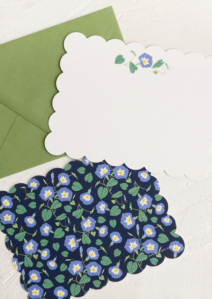 A morning glory print notecard set with green envelopes.