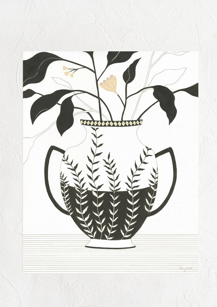 A digital art print with white background depicting black and white vase with flowers.