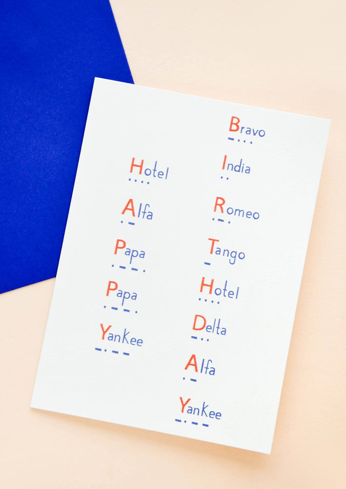 1: Greeting card with "Happy Birthday" spelled out in morse code in blue and red