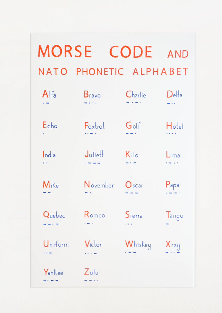 1: Art print with red and blue A-z morse code alphabet