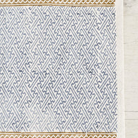 Dusty Blue / Ochre: A cotton placemat with block print design, ochre borders at top and bottom with dusty blue maze patterned center.