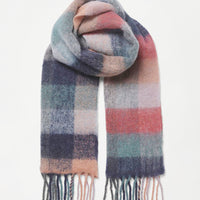 2: A fuzzy woven wool scarf in pastel madras pattern.