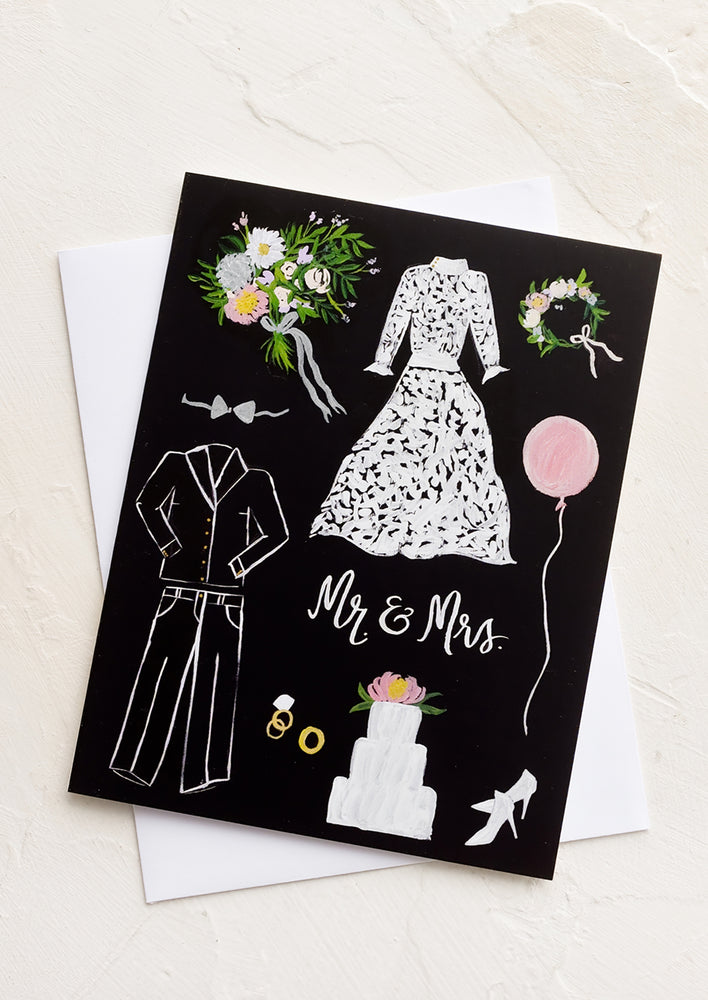 1: A greeting card with illustration of bride and groom things.
