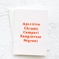 Italian Liquors: A gift enclosure greeting card with a pale pink background and cocktail names listed in red text.