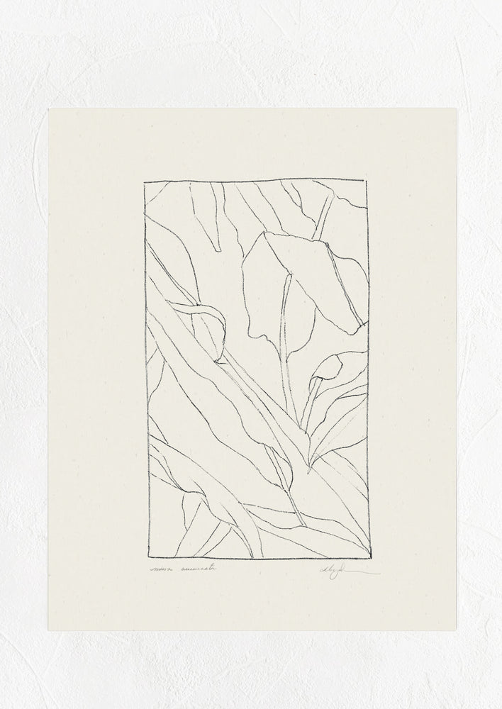 A digital art print in black and white with plant line drawing inside box boundary.