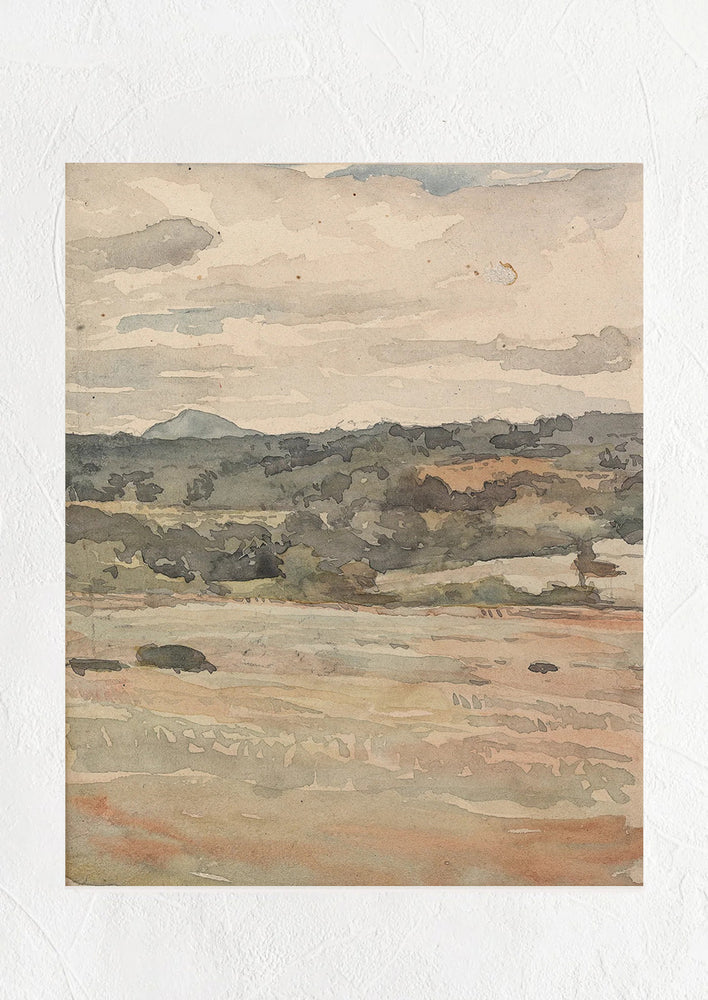 1: An antique inspired art print of a muted earth tone landscape.