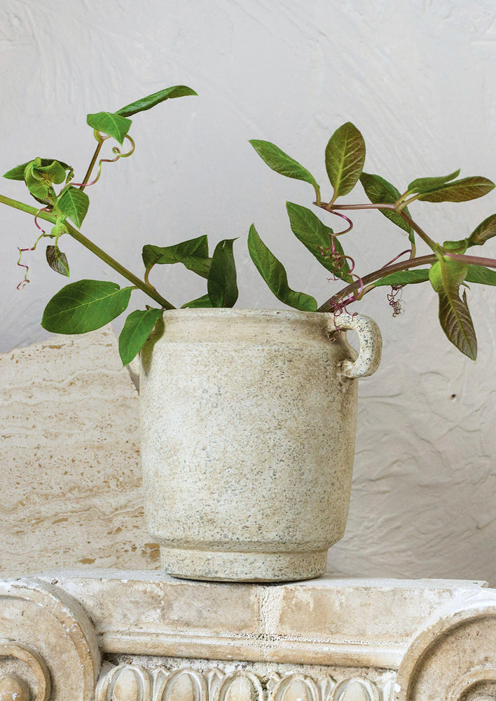 A distressed beige ceramic vase with handles at top sides.