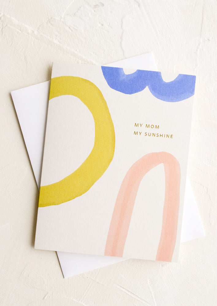 1: A mother's day greeting card with abstract text and "my mom, my sunshine" in small lettering.