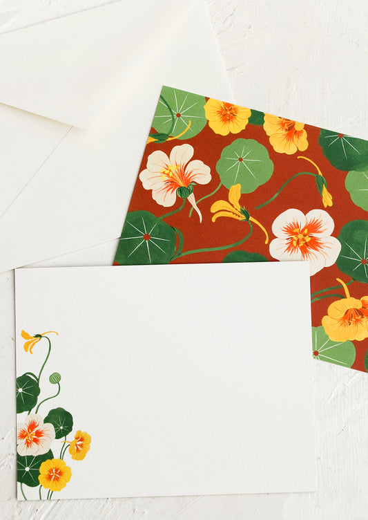 A two-sided nasturtium print notecard set.