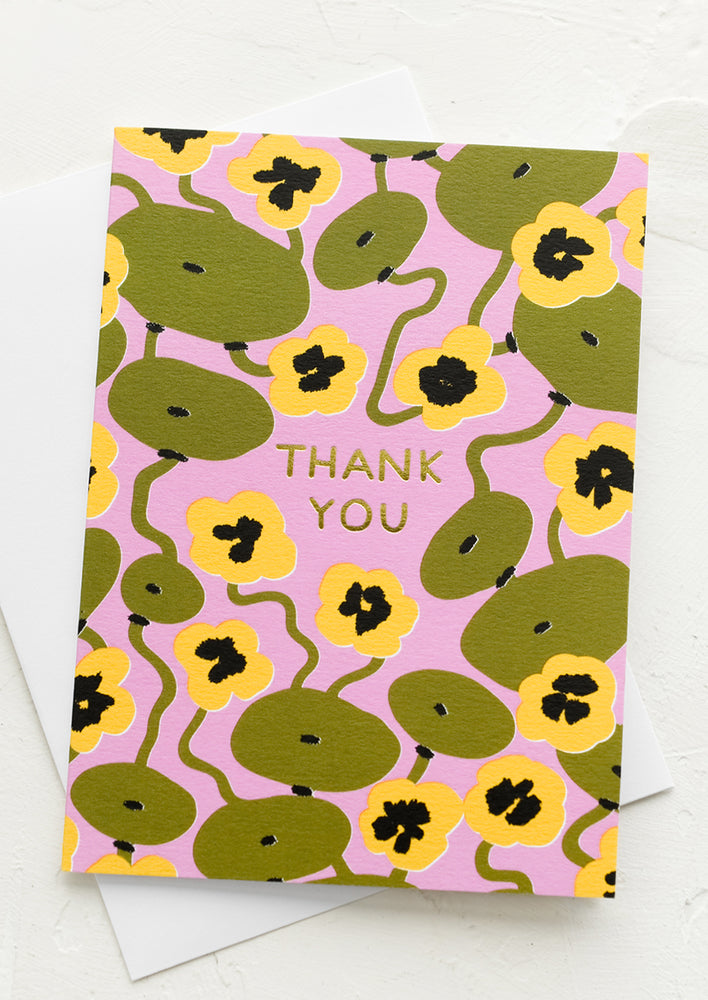 1: A pink card with nasturtium pattern, text reads "Thank You".