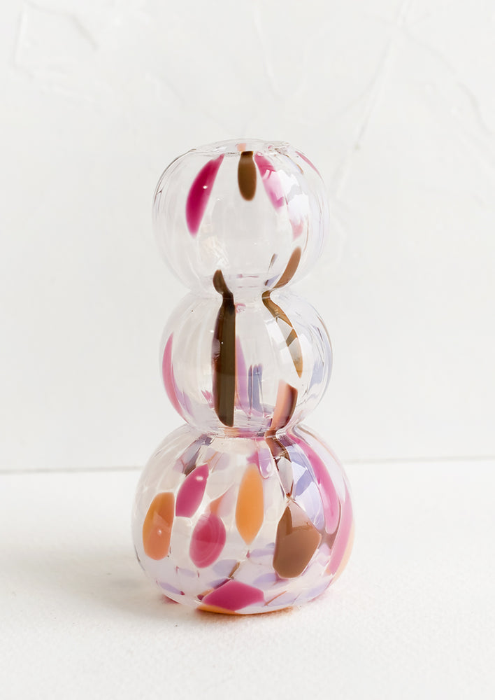 Triple Bubble: A glass bud vase in stacked bubble shape with orange, brown and pink speckles.