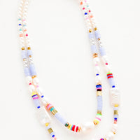 1: Chunky beaded double-layer necklace in a mix of pearl and colorful beads