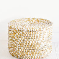 1: Round, lidded drum-shaped seagrass basket in natural with white weave