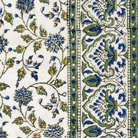 3: A block printed floral pattern with border in blue, green and orange.