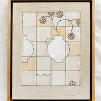 1: A framed still life painting of vase with flowers on checkered background.