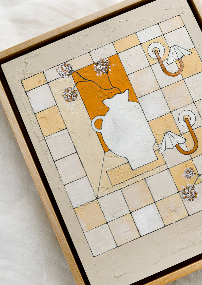 A framed original painting of checkered still life panel in beige, white and rust.