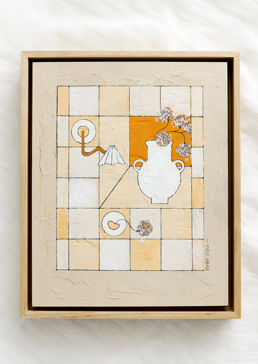1: A framed original painting of gridded still life scene in white, tan and rust.