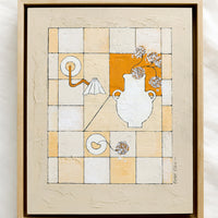 1: A framed original painting of gridded still life scene in white, tan and rust.