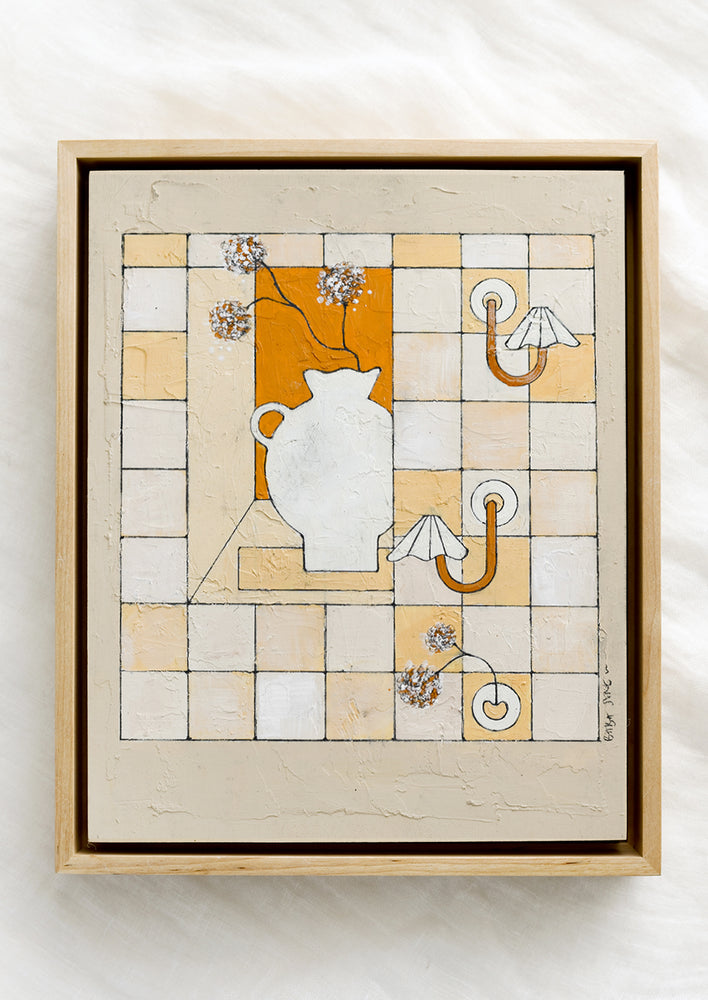 1: A framed original painting of checkered still life panel in beige, white and rust.