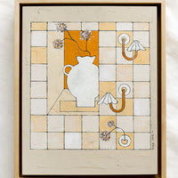 1: A framed original painting of checkered still life panel in beige, white and rust.