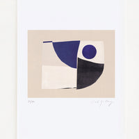 1: An abstract art print featuring a geometric composition in black, ivory, tan and navy blue.