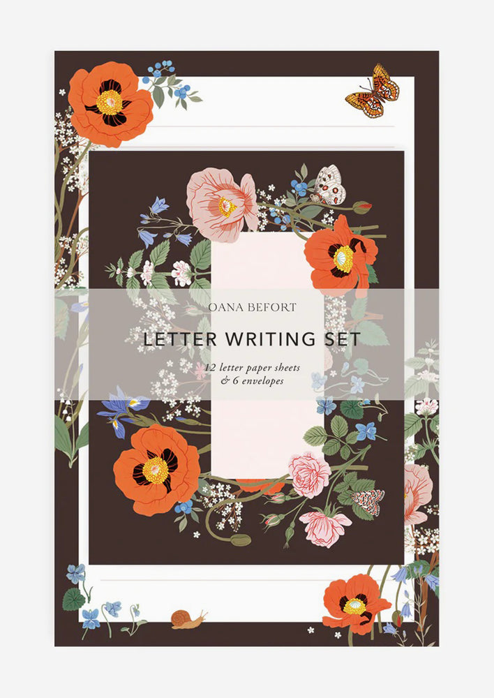 Midnight Garden: Colorful black botanical border letter writing kit.