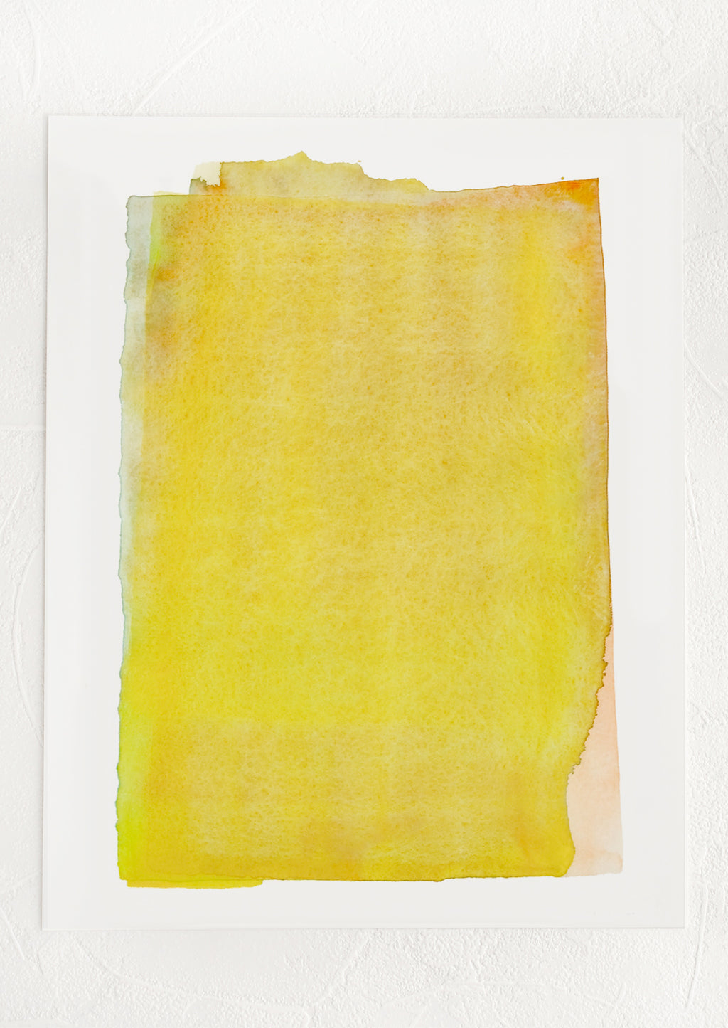 1: An art print with layered watercolor form in yellow, green and peach.