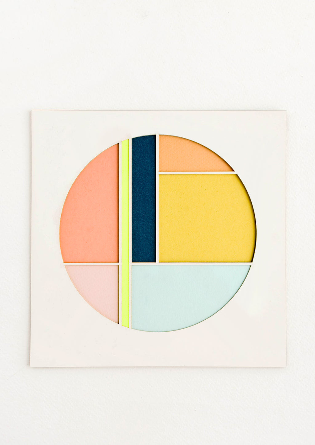 Neon Yellow Multi: Square artwork with off-white background and color blocked, laser-cut circle