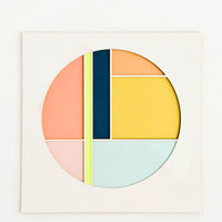 Neon Yellow Multi: Square artwork with off-white background and color blocked, laser-cut circle