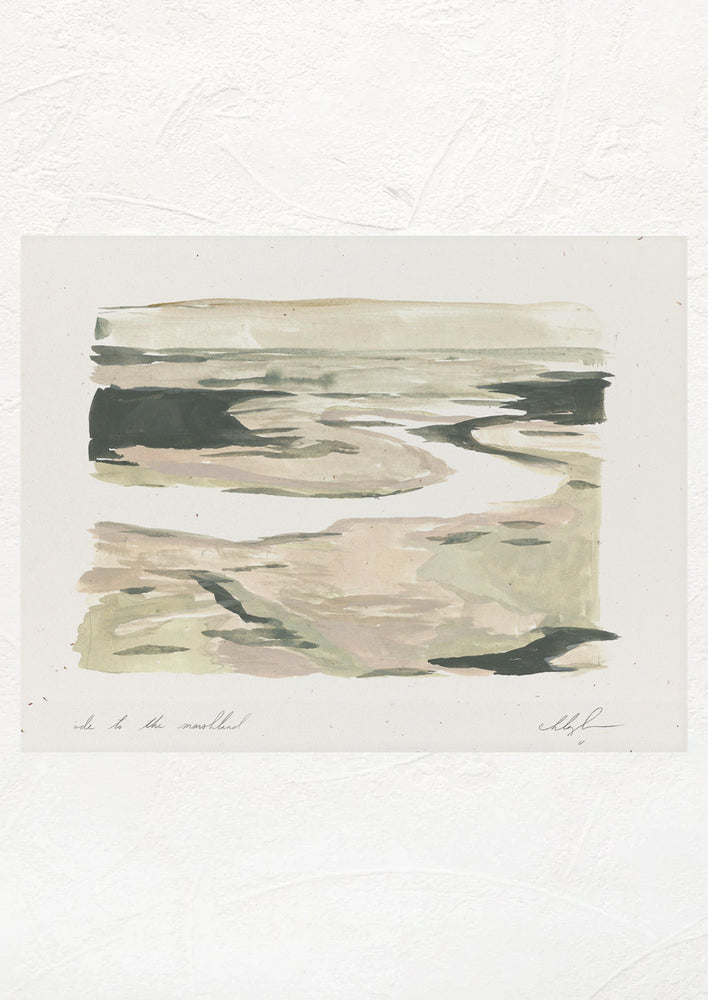 An art print of a pastel sage green painting of marshland.