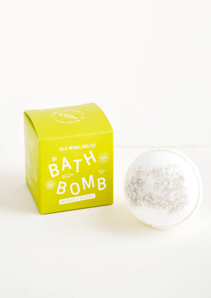 Seaweed & Sea Salt: White colored, round bath bomb with green box packaging