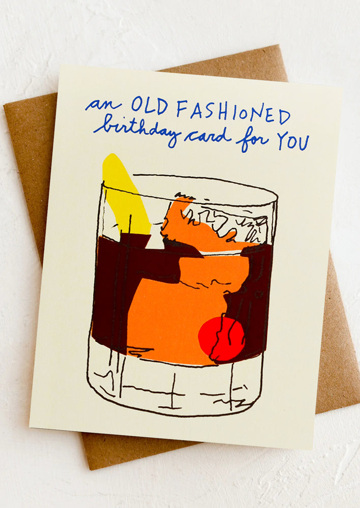 1: A card with drawing of old fashioned cocktail, text reading "An old fashioned birthday card for you".