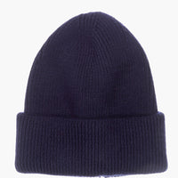 Navy: A knit beanie with oversized cuff in navy color.