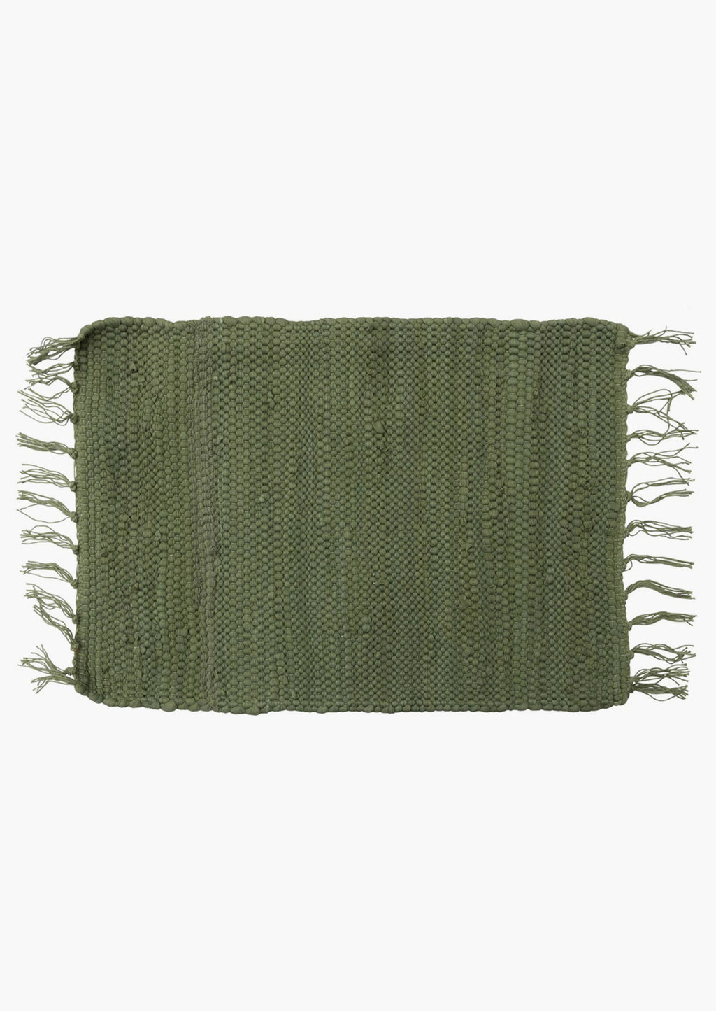 1: An olive green chindi weave placemat.