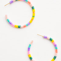 Pink / Yellow / Aqua Multi: Hoop earrings with pink, yellow, aqua and purple glass beads arranged in a circle.