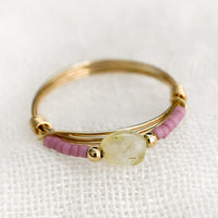 Size 5 / Mauve: A gold wire ring with mauve and gemstone beads.