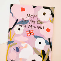 1: Greeting card with gardening graphics, text reads "Mom You Are One In A Million!"