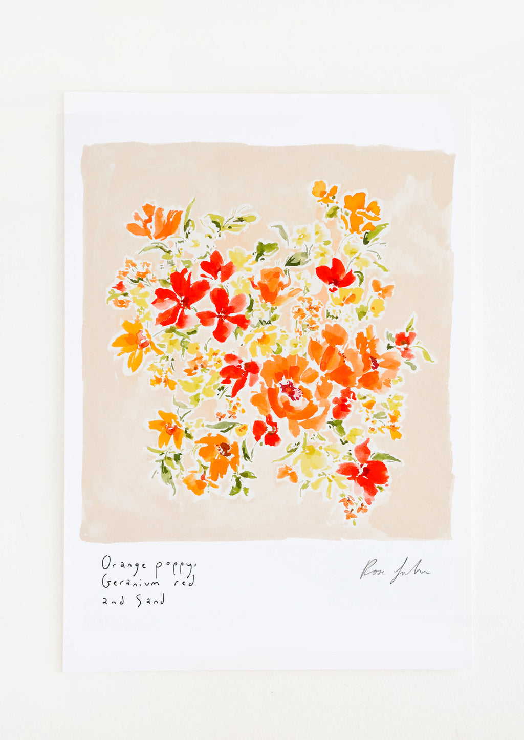 1: A floral art print with beige background and red, orange and yellow flowers.