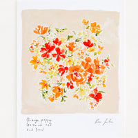 1: A floral art print with beige background and red, orange and yellow flowers.