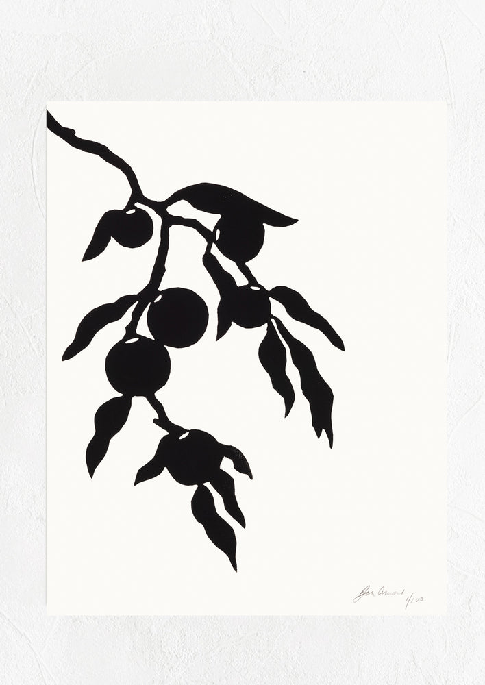 1: A monochrome lino cut art print featuring oranges on a branch.