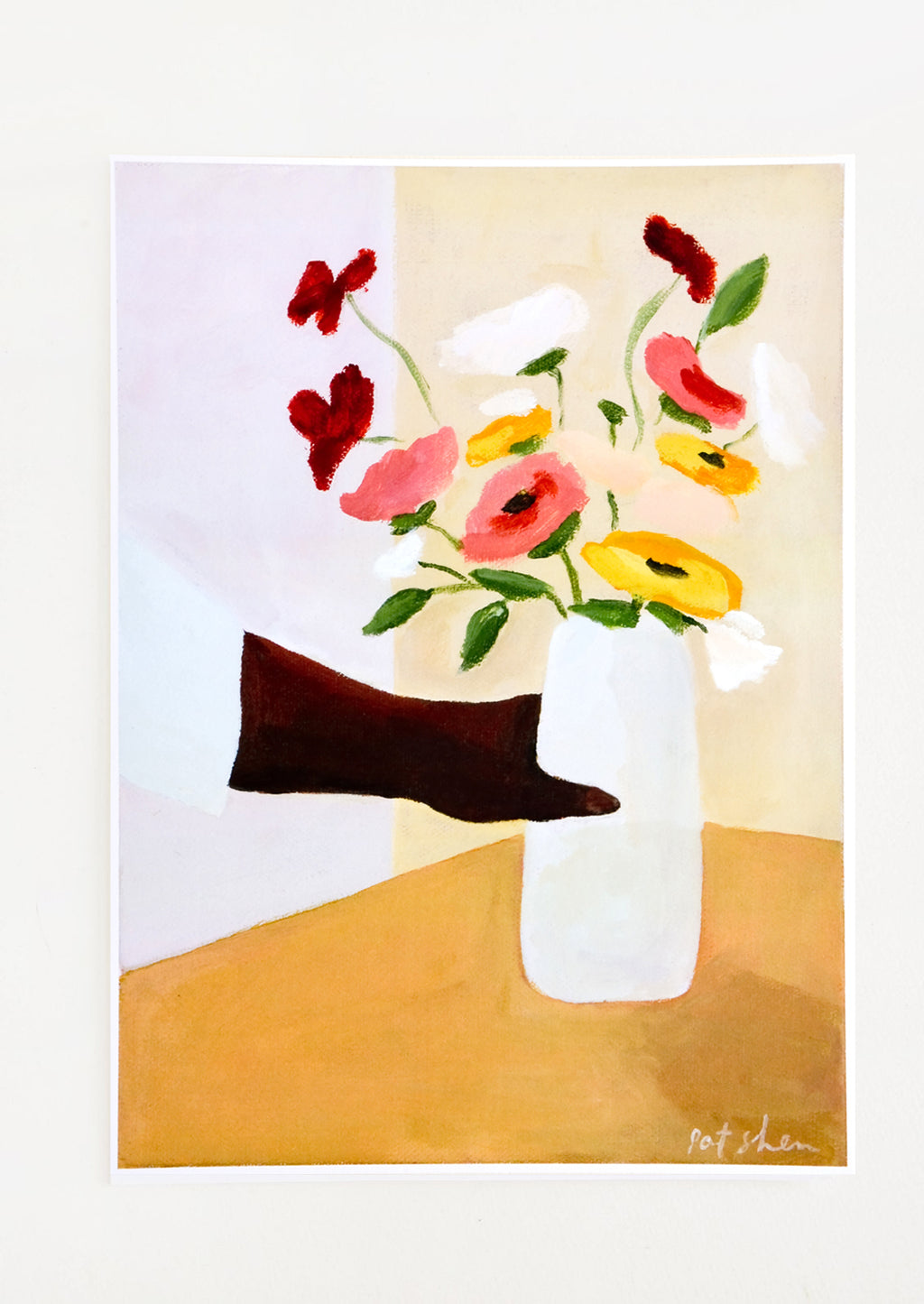 1: Art print featuring a Black person's hand placing a vase of flowers on a table