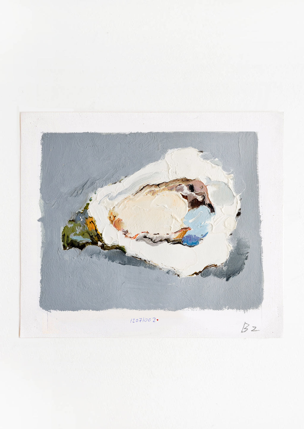 1: Original oil painting with still life image of a single oyster on a grey background.