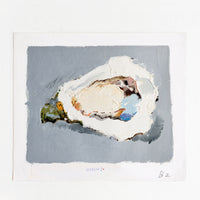 1: Original oil painting with still life image of a single oyster on a grey background.
